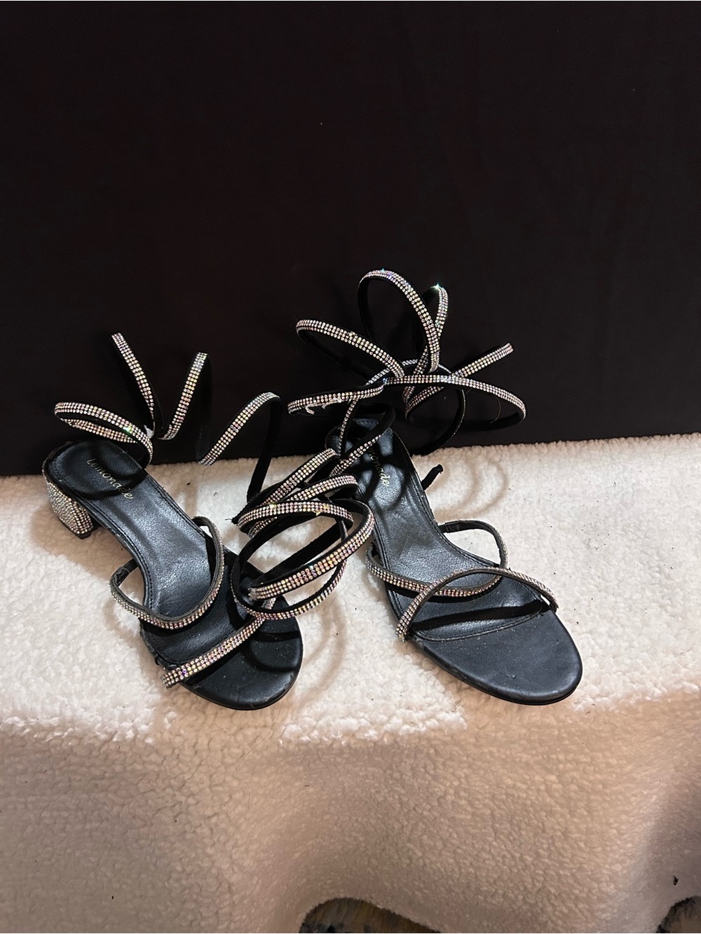 Black Crystal-Strap Lace-Up Sandals
